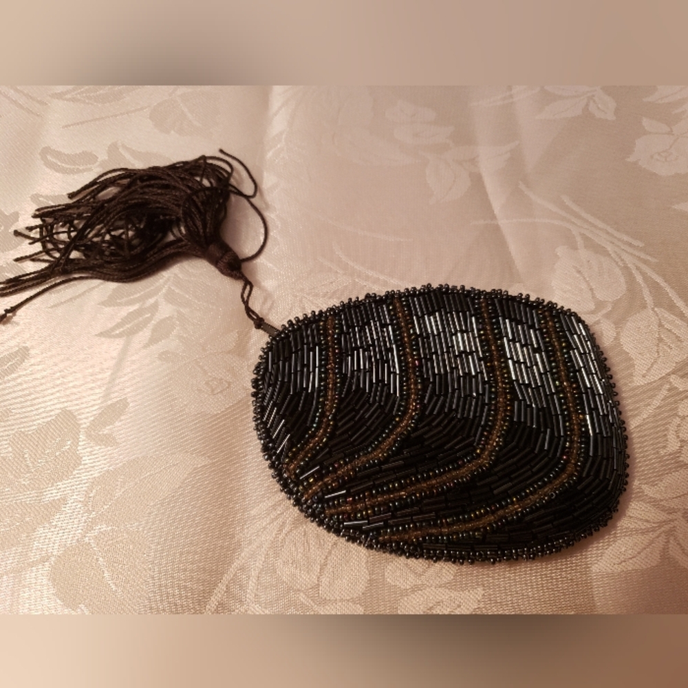 Vintage Womens Coin Purse With Tassel, Heavily Beaded, Black n Copper Color,